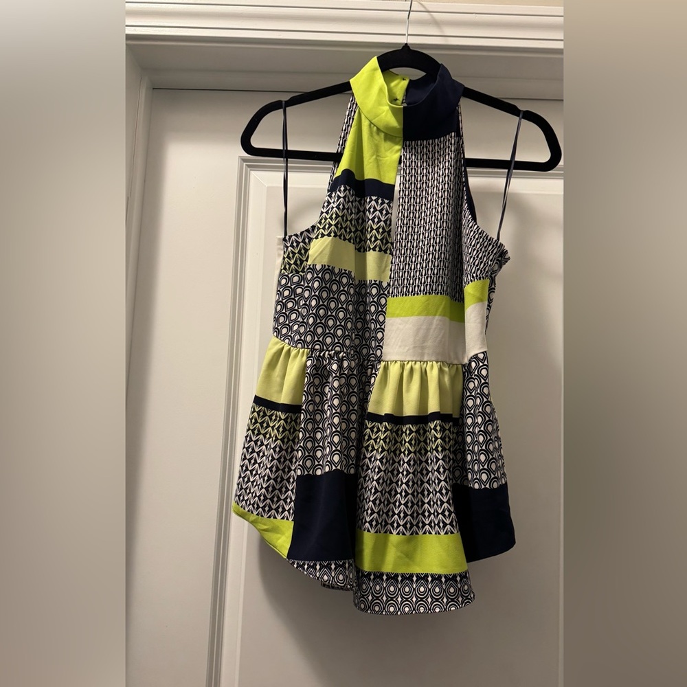 Kaari Blue Black and White Asymmetrical Sleeveless Blouse